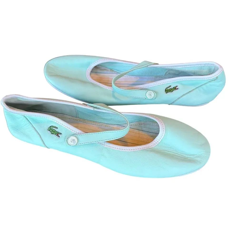 Lacoste Women’s Pirouet green leather mary jane flats, white trim, ballet, US 10
